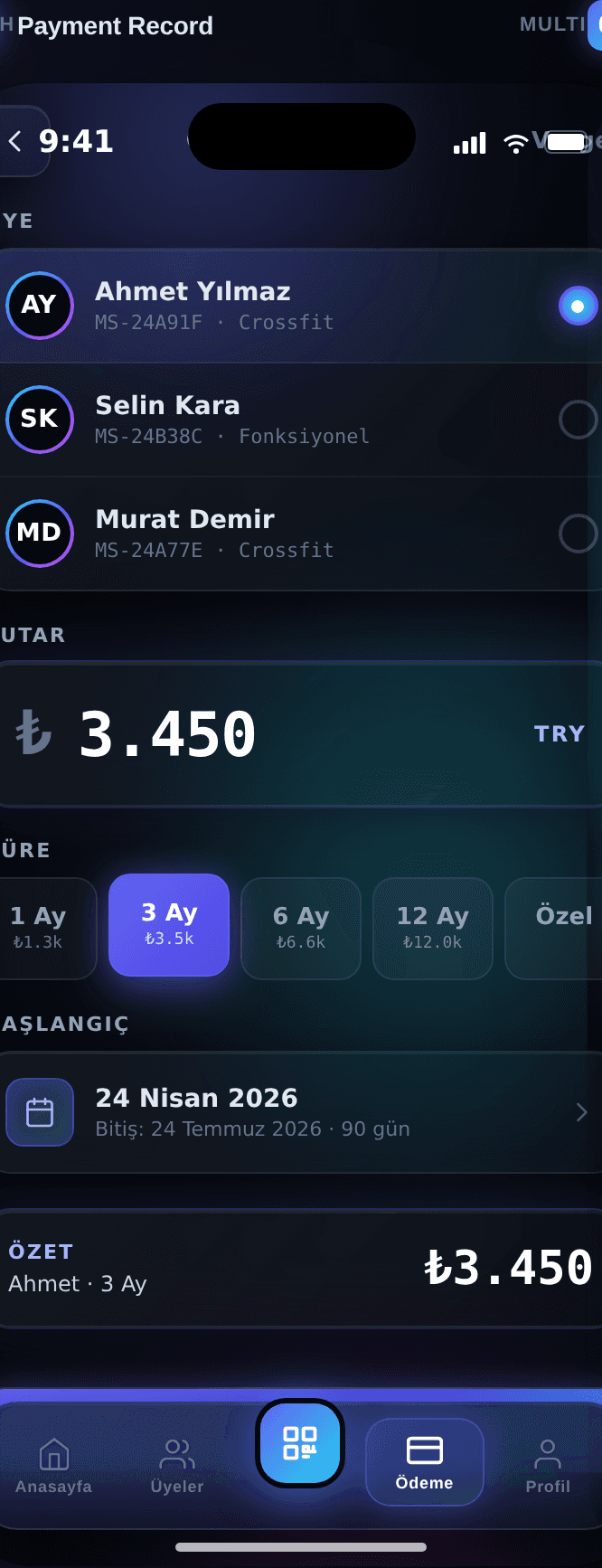 Ödeme kaydı ekranı